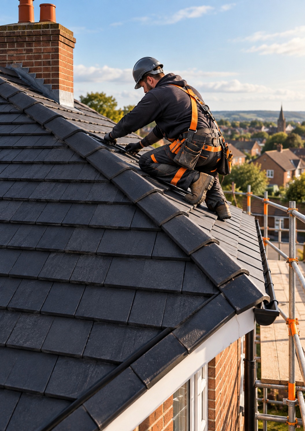 Professional roofer working on a tiled roof in Swindon